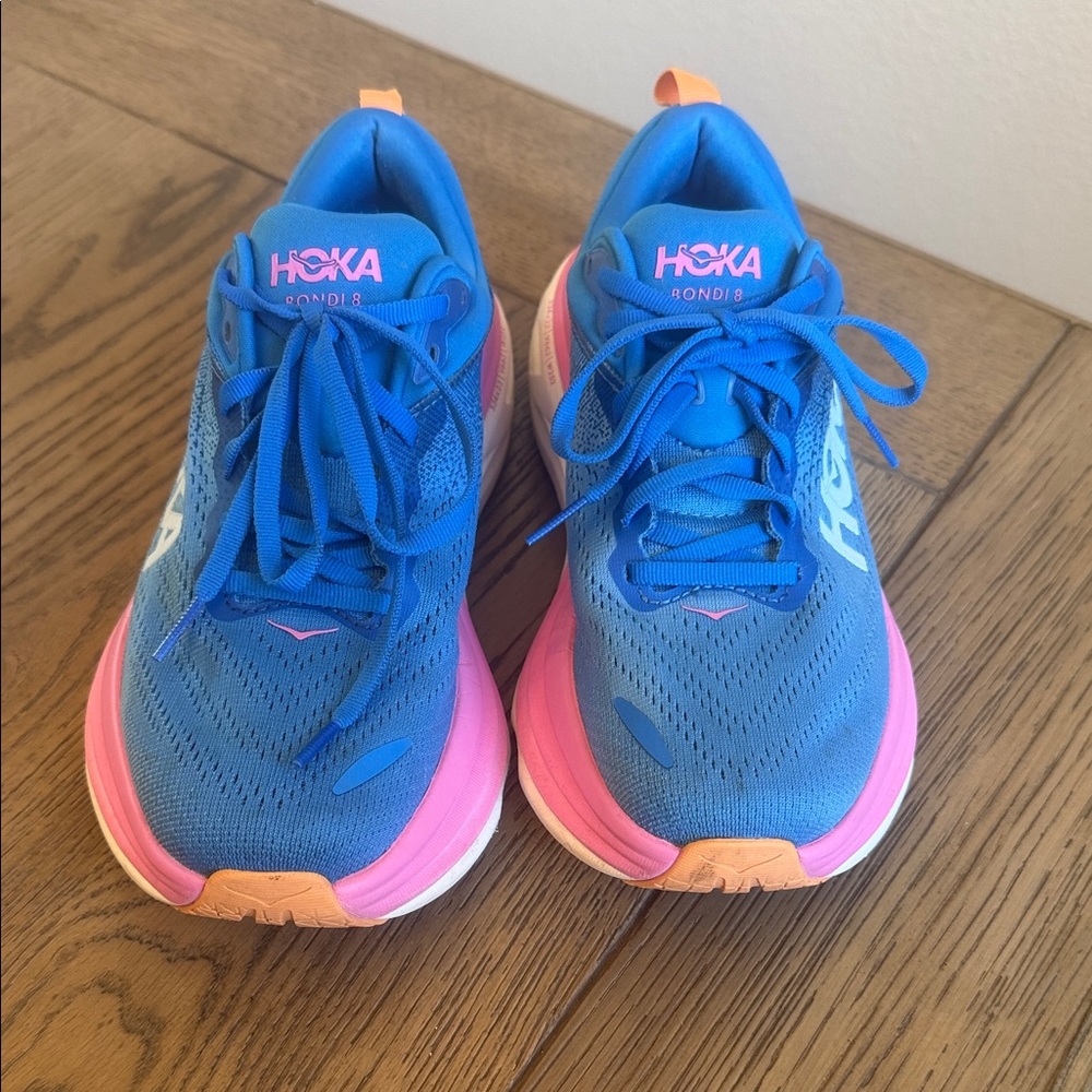Hoka Bondi 8 Blue and Pink Sneakers